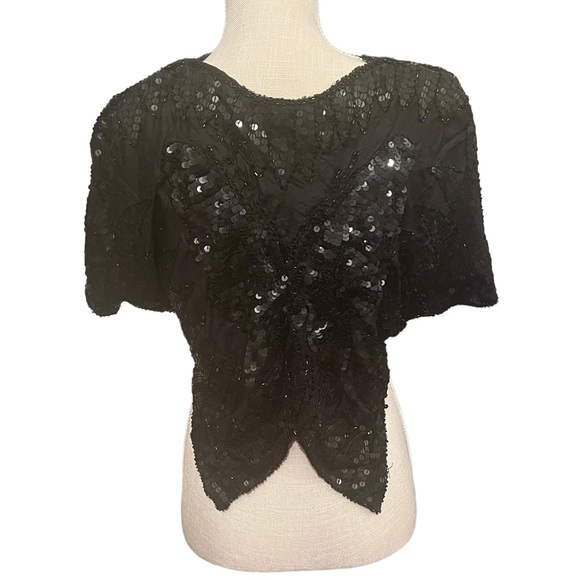 NWT Vintage Infashions Black Sequined and Beaded Butterfly Cape Shawl 100% Silk - Picture 2 of 15